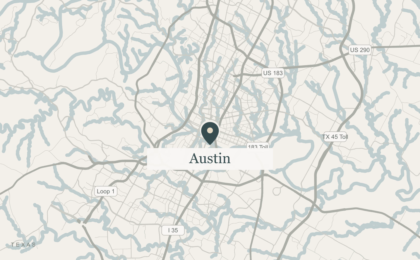 Static street map of Austin, Texas, with a marker at the city center