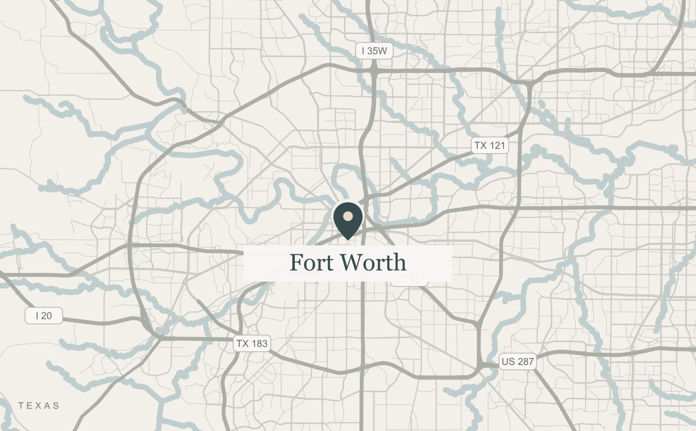 Static street map of Fort Worth, Texas, with a marker at the city center